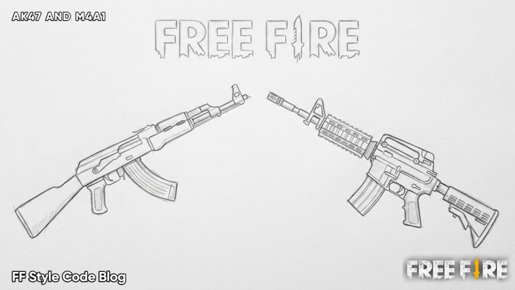 clean pencil sketch drawing of AK47 and M4A1 from Garena Free Fire